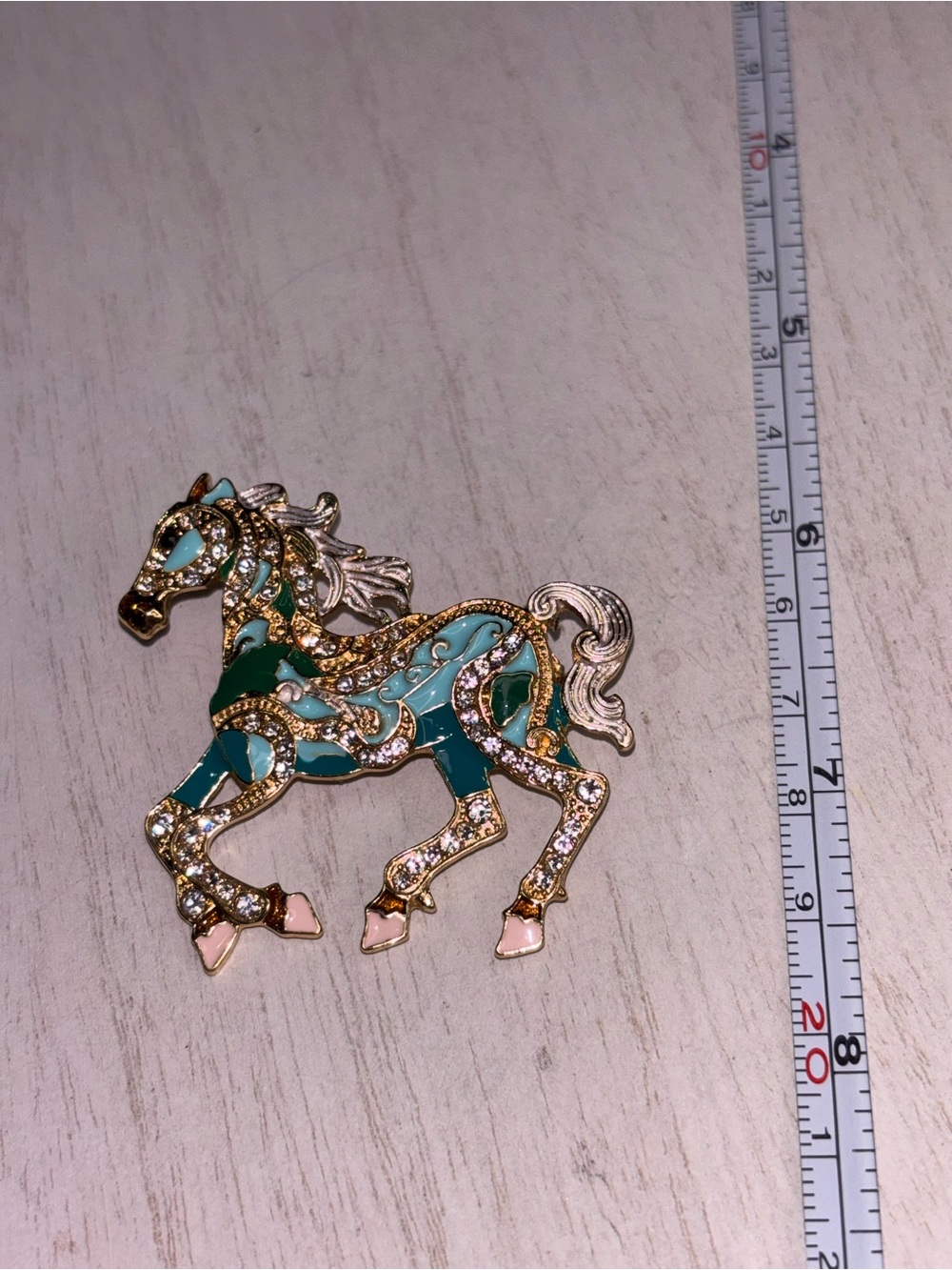 Gold Tone Enamel Horse Brooch w/ Rhinestones | Teal Statement Pin - Picture 2 of 3